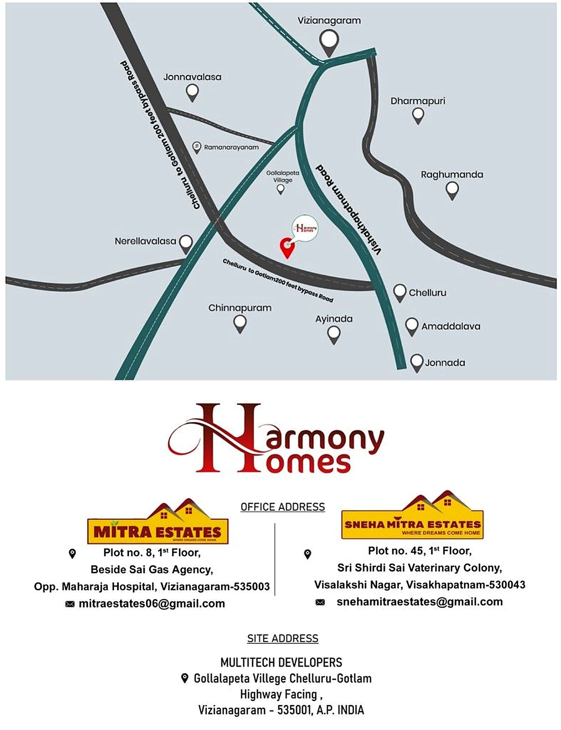 Harmony Homes location map around Chelluru and Gotlam